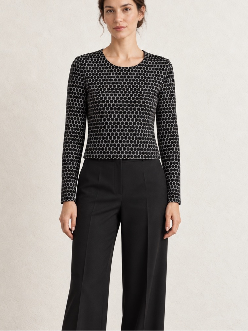 Theory Geometric Jacquard Cropped Top Black Silver Gray Long Sleeve Small